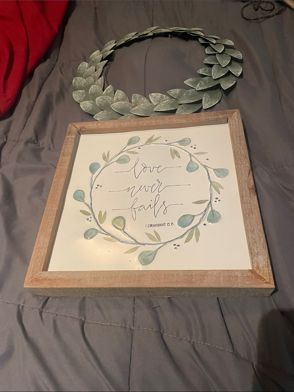Love Never Fails Framed Wall Art - Green Wreath